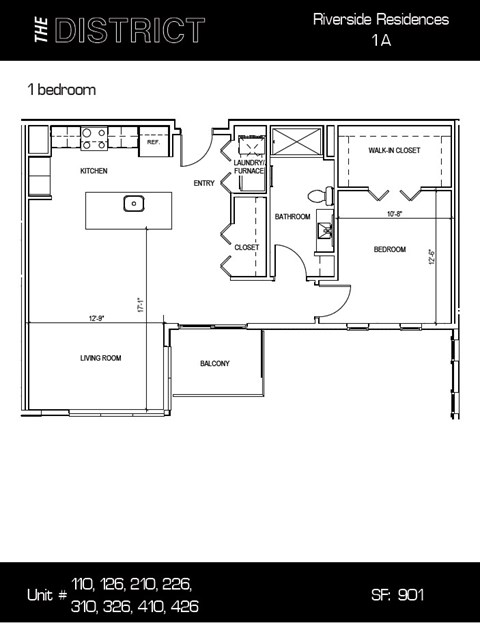 Floor plan for 1 bed, 1 bath, 901 sqft